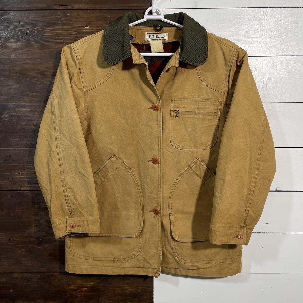 Vintage 80s LL Bean Womens Large Oversized‎ Jacket Canvas Plaid Chore Jacket - Picture 2 of 12